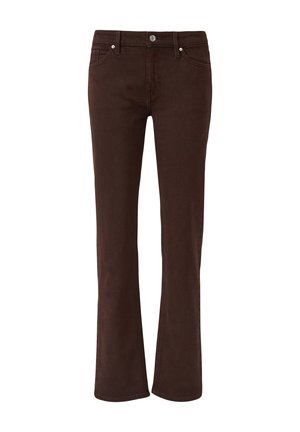Bruine denim jeans met een recht model, vijf zakken en metalen accenten, met een gladde textuur en een standaard tailleband.