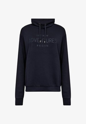 Navy blue hoodie with a high collar, drawstrings, and bold text “LET NEW ADVENTURES BEGIN” on the front. Soft texture, relaxed fit.