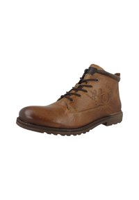 Botas de cuero marrón hasta el tobillo con punta redondeada, parte superior texturizada y cordones negros; cuentan con una suela de goma y un logo decorativo en relieve.
