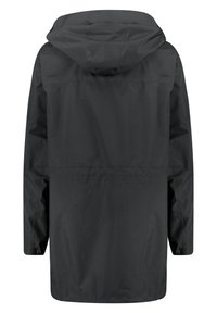 Imperméable long noir avec capuche, manches longues et coupe droite, vu de dos.
