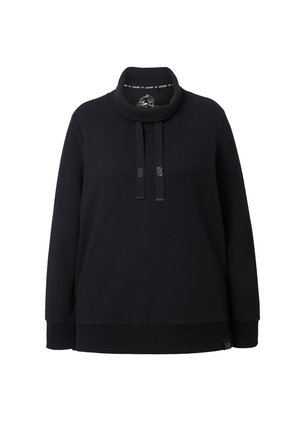 Zwarte sweatshirt met een hoge kraag, textuurstof en verstelbare trekkoorden. Heeft ribgebreide boorden en een rechte zoom.