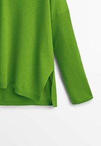 Pull en maille vert vif à manches longues avec une fente latérale à l'ourlet sur fond blanc.