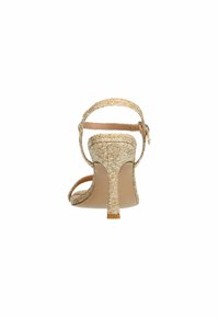 Beige hoge sandalen met een geweven bovenkant, een smalle enkelband en een dunne hak. Soepele binnenkant met minimale accenten.