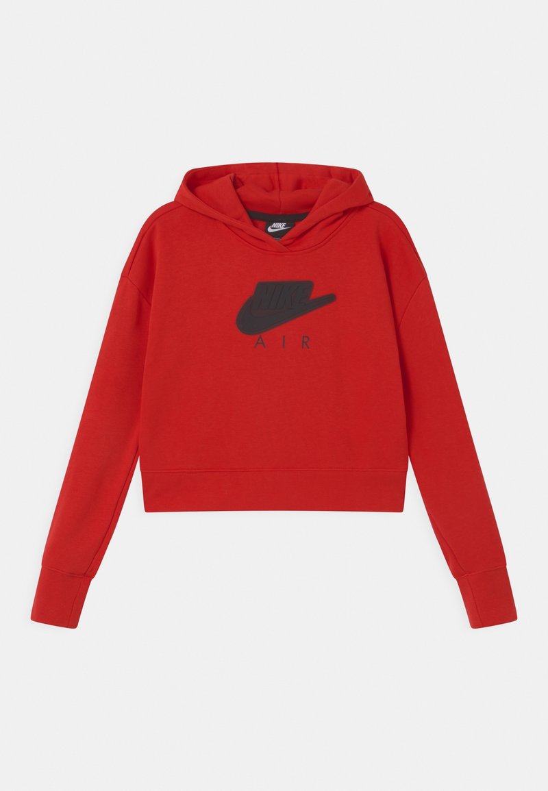 Hoodie Nike Air rouge court avec manches longues et logo Nike swoosh noir sur la poitrine, sur un fond uni.