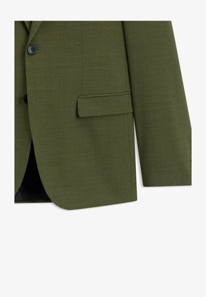 Blazer vert olive en tissu texturé, doté de deux boutons noirs, d'un revers cranté et d'une poche poitrine pour un look structuré.