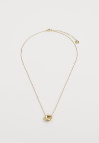 Collana d'oro con un pendente a nodo attorcigliato, caratterizzata da una catena delicata e una chiusura con lunghezza regolabile. Texture liscia e lucida.
