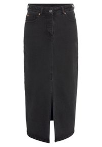 Black denim midi skirt with front slit, five pockets, and metal button closure. Smooth texture and classic cut.