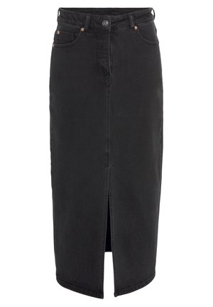 Black denim midi skirt with front slit, five pockets, and metal button closure. Smooth texture and classic cut.