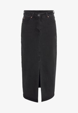 Schwarzer Jeans-Midirock mit vorderem Schlitz, fünf Taschen und metallischem Knopfverschluss. Glatte Textur und klassischer Schnitt.