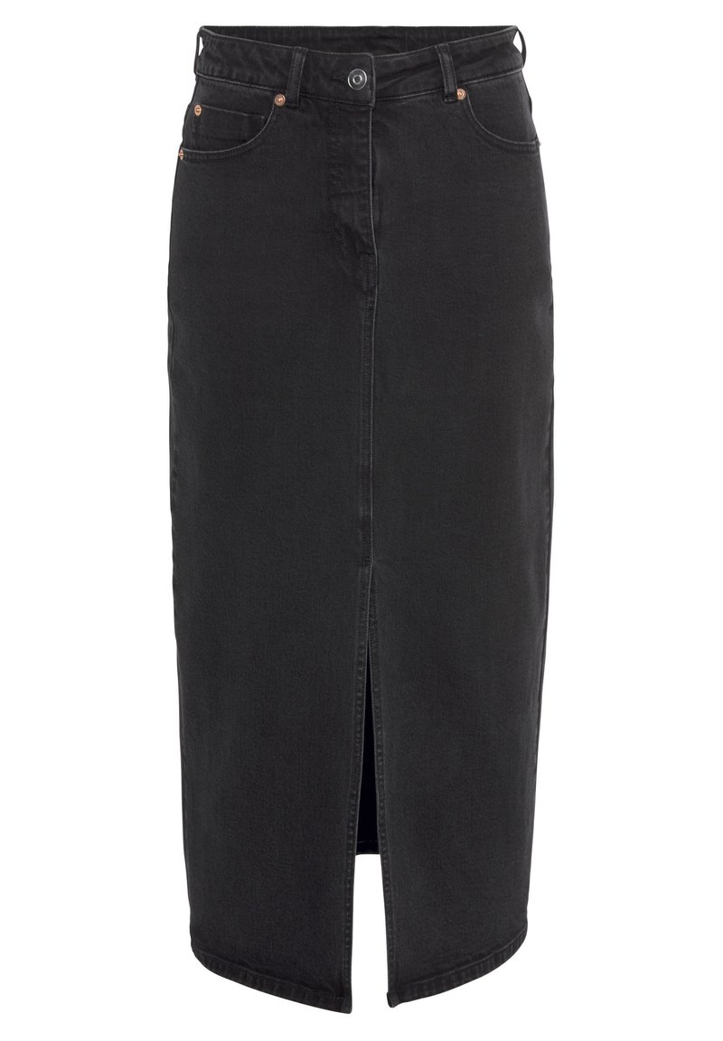 Black denim midi skirt with front slit, five pockets, and metal button closure. Smooth texture and classic cut.