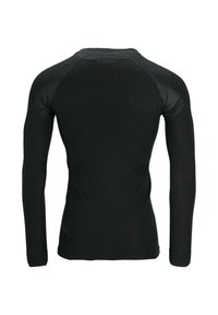 Zwart overhemd met lange mouwen, ribbelstructuur, netaccenten op de schouders en een slim-fit ontwerp; heeft een ronde halslijn en manchetten.