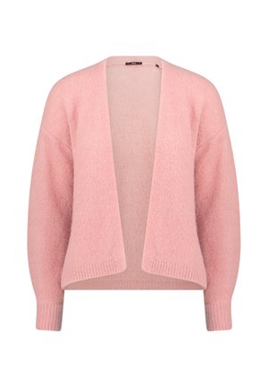 Kardigan o luźnym kroju z otwartym przodem, wykonany z miękkiej dzianiny w kolorze jasnoróżowym. Charakteryzuje się szerokimi rękawami i ściągaczami na mankietach. Gładka faktura i swobodna sylwetka.