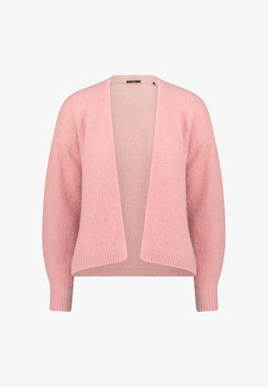 Kardigan o luźnym kroju z otwartym przodem, wykonany z miękkiej dzianiny w kolorze jasnoróżowym. Charakteryzuje się szerokimi rękawami i ściągaczami na mankietach. Gładka faktura i swobodna sylwetka.