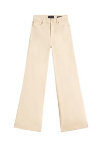 Beige jeans met wijde pijpen en een hoge taille, gemaakt van denim. Voorzien van vijf zakken, een knoopsluiting en subtiele stiksel-details.