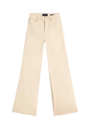 Beige vidde-jeans med højtaljet talje, lavet af denim. Har fem lommer, knaplukning og subtile syningsdetaljer.