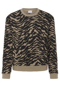 Černá a béžová mikina s tygřím vzorem, vyrobená z měkké látky s žebrovaným límcem a manžetami, s volným střihem.