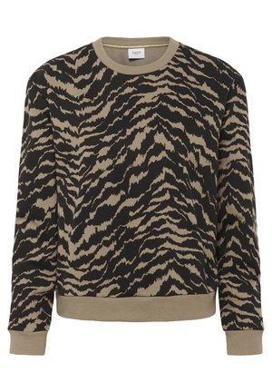 Črni in rjavi pulover z vzorcem tigra, izdelan iz mehke tkanine z rebrastim ovratnikom in manšetami, z udobnim krojem.