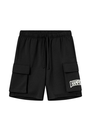 Shorts cargo noirs avec taille élastique, cordon de serrage, poches latérales à rabat et logo partiel "Champion" blanc sur la poche droite.