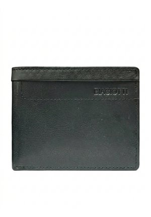 Portafoglio bi-fold in pelle nera con bordi cuciti e nome del marchio Biagiotti in rilievo nell'angolo superiore destro anteriore.