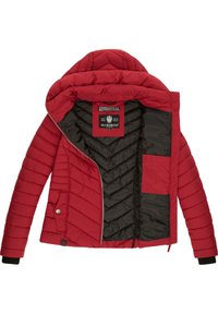 Rød puffjakke med aftagelig hætte, quiltet design, sort foring og lynlås foran. Har en brystlomme og ribbede manchetter.