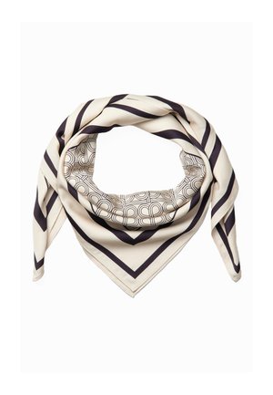 Jedwabny szalik w kolorze kremowym z wyraźnymi czarnymi paskami na krawędziach oraz centralną częścią z czarnym abstrakcyjnym wzorem, złożony w pętlę.