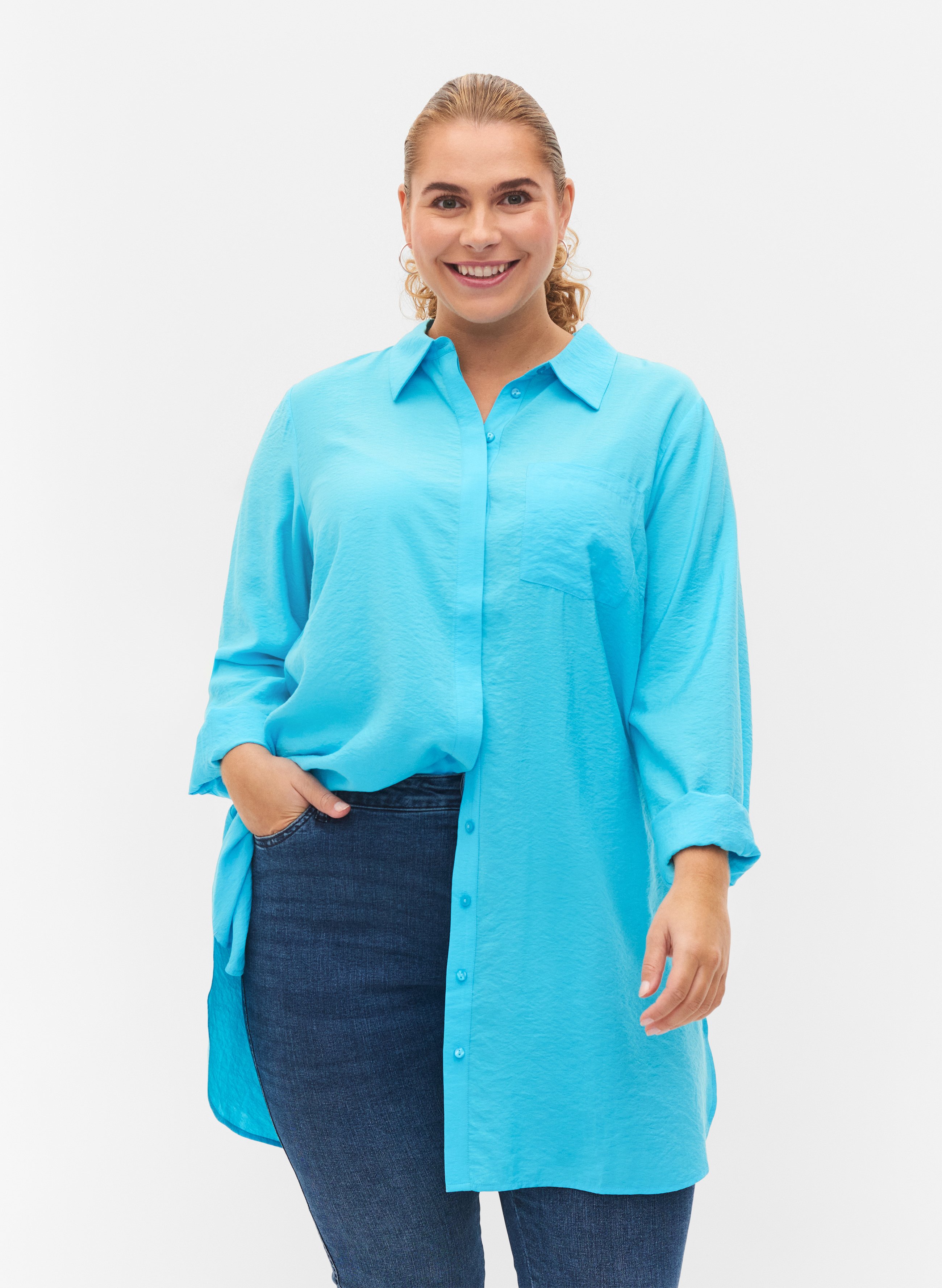 Chemisier Femme Manches Longues Flash By Zizzi - Col En V, Ourlet Et Poignets élastiques - Taille 42 à 60