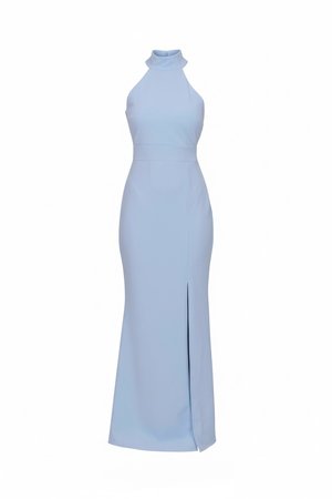Lyseblå ermeløs aftenkjole med høy hals, innsvingt midje og frontsliss som går fra kneet til kanten.