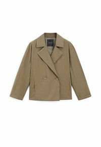 Khakifarbenes, doppelt geknöpftes Jacket mit Reverskragen, langen Ärmeln und zwei Knöpfen. Glattes Material mit seitlichen Taschen, minimalistischem Design.