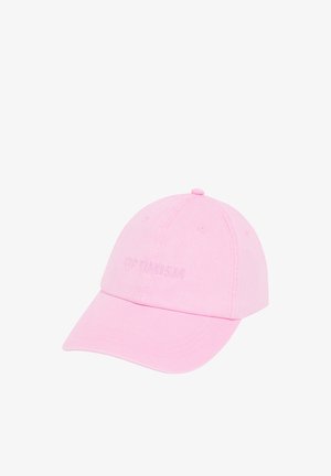 Cappellino da baseball rosa chiaro con la parola "OPTIMISMO" ricamata sul davanti, caratterizzato da una visiera curva e un bottone sulla sommità.