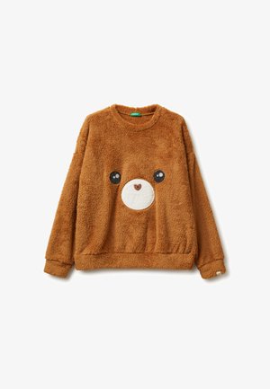 Sudadera de felpa de color marrón que presenta la cara de un oso con ojos negros y un hocico blanco, con una textura suave y puños y dobladillo elásticos.