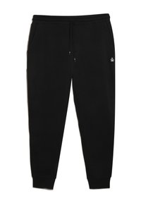 Zwarte joggers gemaakt van zachte stof, met een elastische tailleband met trekkoord, zijzakken en geribbelde enkelmanchetten. Klein logo-detail.