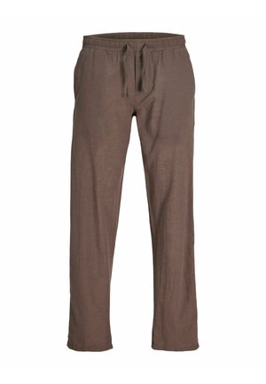 Smeđe casual hlače s elastičnim pojasom i vezicom, ravnog kroja nogavica, izrađene od laganog materijala.