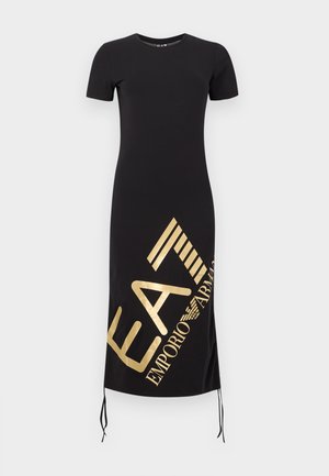 Μαύρο φόρεμα τύπου τζέρσεϊ με κοντά μανίκια, με μεγάλο χρυσό γραφικό τύπωμα "EA7 EMPORIO ARMANI" και ρυθμιζόμενα κορδόνια στη βάση.