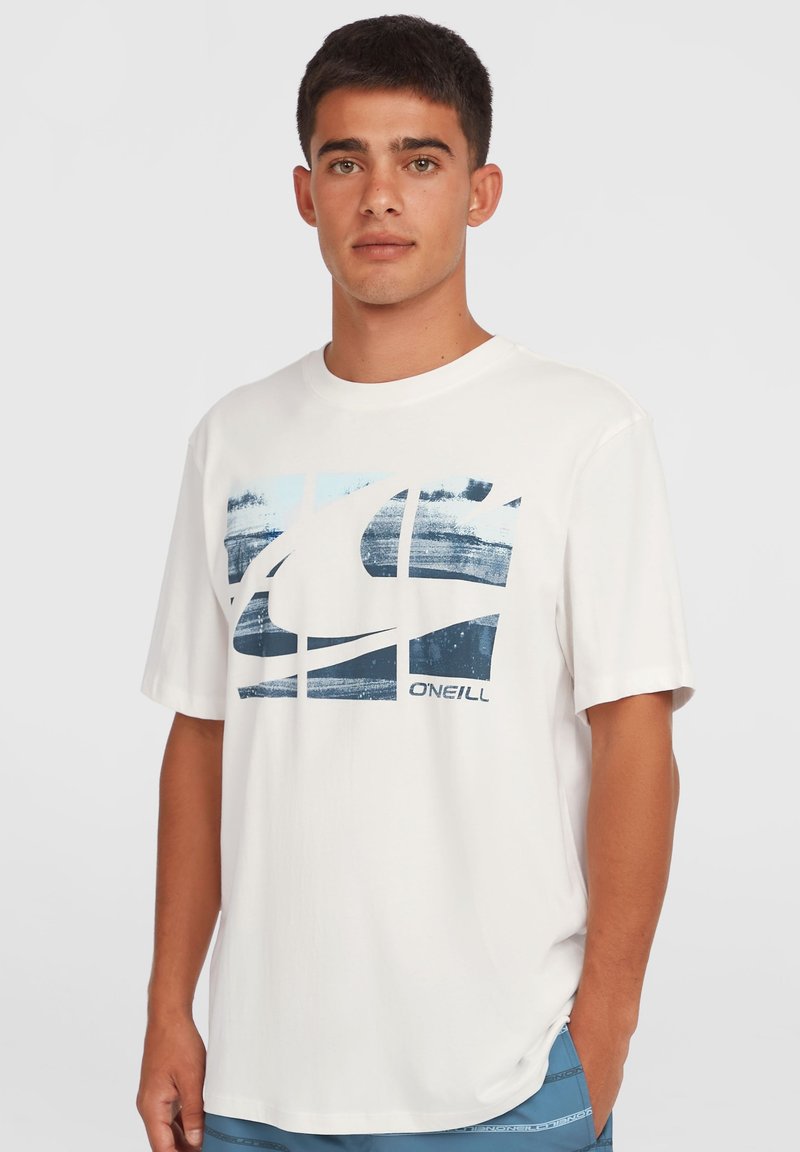 White cotton t-shirt featuring a blue graphic design with abstract shapes and the brand "O'Neill" printed at the bottom. Short sleeves.