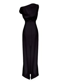 Czarny asymetryczny kombinezon z dopasowanym górnym części, szerokimi nogawkami i zapięciem z tyłu; gładka, jedwabista tekstura oraz elegancka sylwetka.