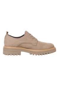 Chaussure Oxford beige en cuir à lacets avec semelle épaisse en caoutchouc et languette à l'arrière, vue de profil sur fond blanc.