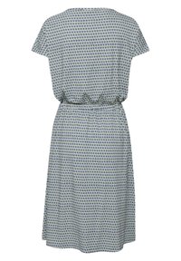 Kleid mit einem geometrischen Dreiecksmuster in Blau und Creme, kurzen Ärmeln, elastischem Bund und entspannter Passform. Baumwollmischgewebe.