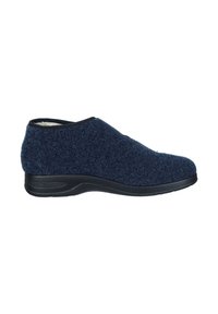Navy-farbene Filzslipper mit abgerundetem Zehenbereich, niedrigem Design und schwarzer Gummisohle. Verfügt über ein weiches Innenfutter und ein elastisches Knöchelband für zusätzlichen Komfort.