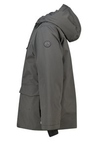 Harmaa vettä hylkivä takki, jossa on huppu, vetoketju läpällä, sivutaskut ja pyöreä logopatch ylähihaisessa.