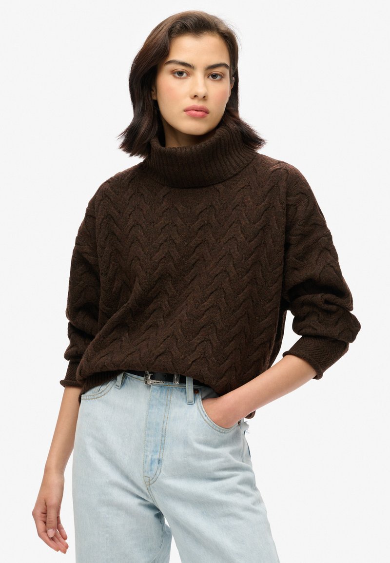 Superdry & Co LIGHTWEIGHT CABLE ROLL NECK - Jersey de punto - dark brown twist