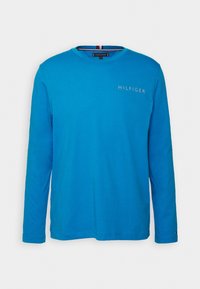 Langärmliges, runder Hals T-Shirt aus leuchtend blauem Baumwollstoff mit grauem 'HILFIGER'-Logo auf der Brust; hat gestreifte Akzente am Kragen.