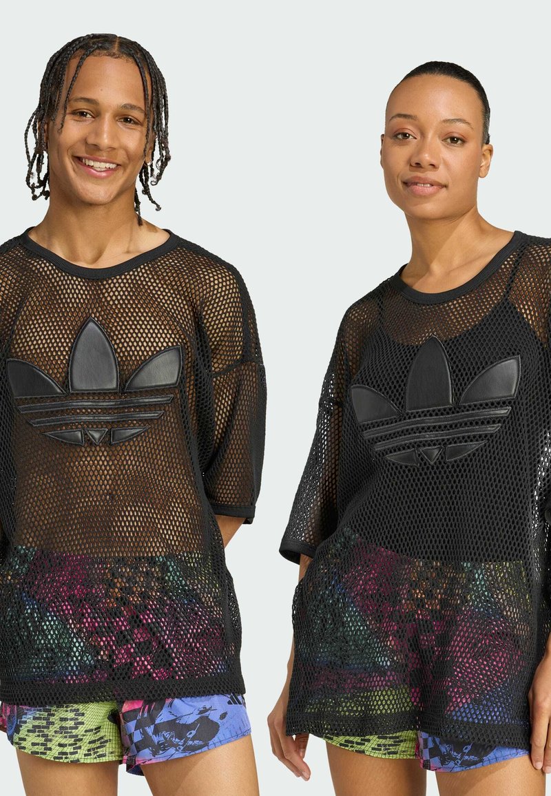 Black mesh oversized shirt with a textured black Adidas logo, featuring short sleeves and a colorful, patterned layer underneath.