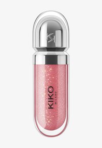Gloss à lèvres pailleté rose brillant avec un capuchon arrondi en argent embossé des initiales "KK" et du logo "KIKO MILANO" sur le tube.