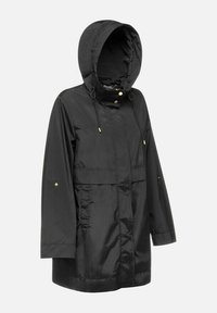 Zwarte waterdichte jas met een capuchon, met gouden accenten, een ritssluiting aan de voorkant en een ontspannen pasvorm. Gemaakt van gladde, lichte stof.