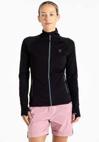 Schwarze Zip-Jacke mit langen Ärmeln, featuring einen hohen Kragen und hellblauen Akzenten, aus einem glatten, dehnbaren Material gefertigt.