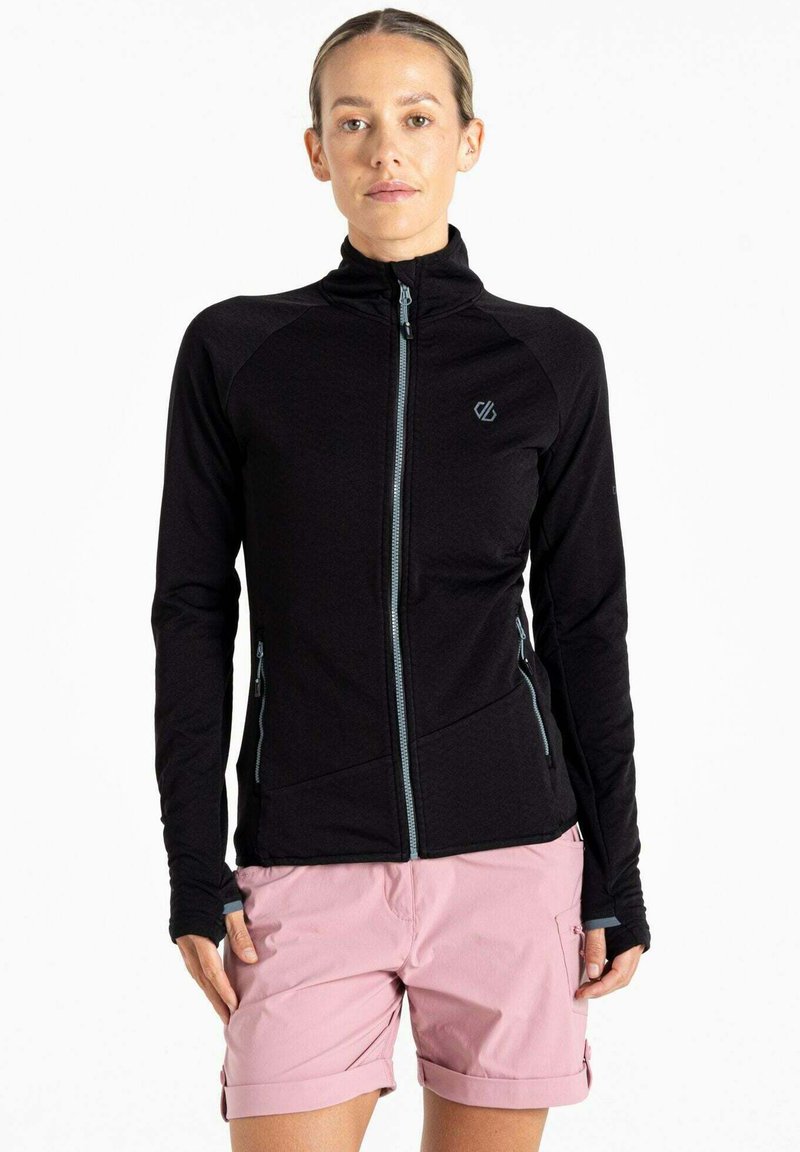 Schwarze Zip-Jacke mit langen Ärmeln, featuring einen hohen Kragen und hellblauen Akzenten, aus einem glatten, dehnbaren Material gefertigt.