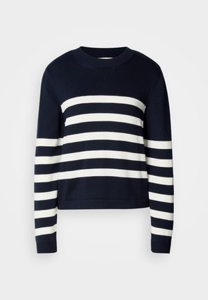 Sötétkék pulóver vízszintes fehér csíkokkal, kerek nyakkivágással és bordázott mandzsettákkal. Puha tapintás, rövidített fazon és egyenletes színeloszlás.