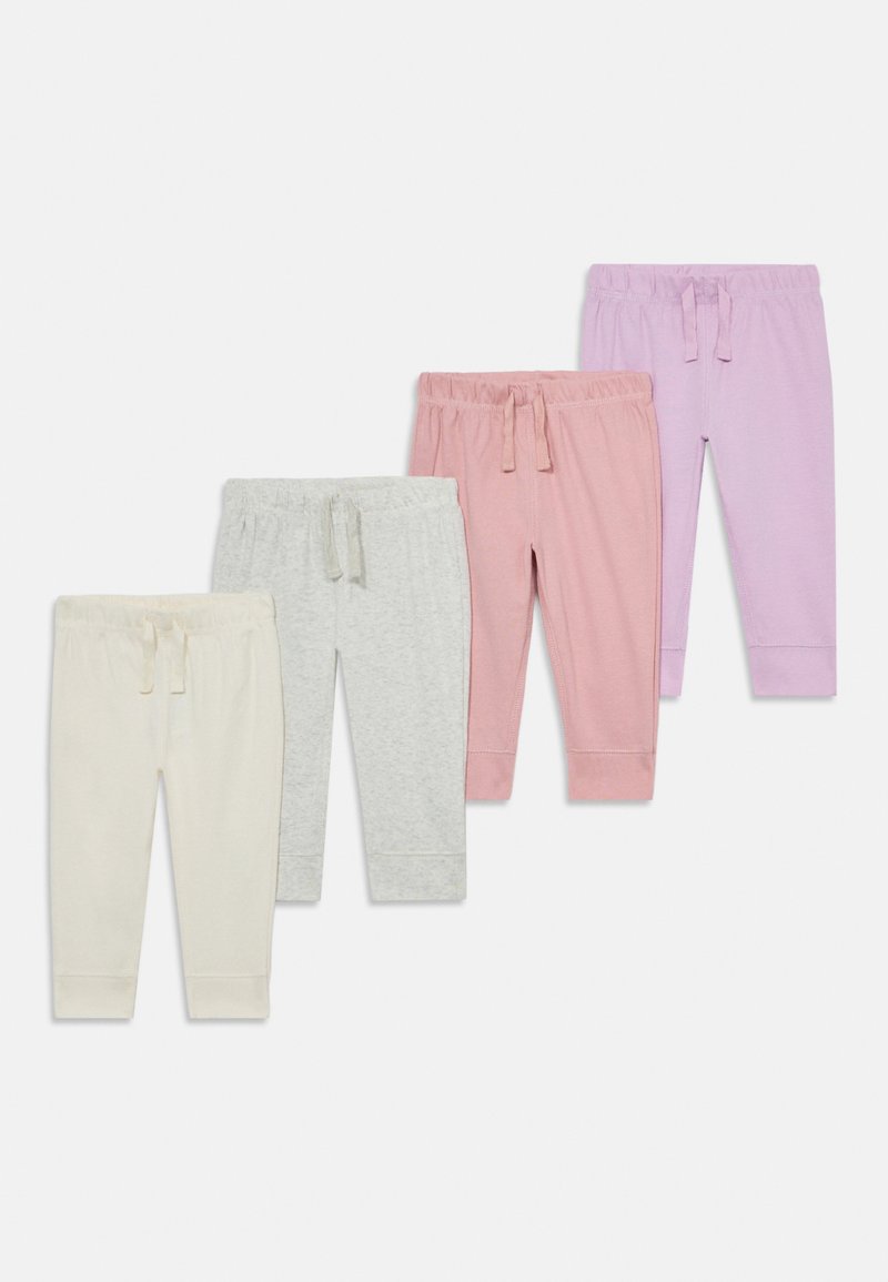 Set von vier Paar Jogginghosen: weiß, grau, rosa und lavendel. Baumwollmischung, elastische Taillenbünde mit Kordelzügen, gerippte Bündchen.