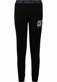Zwarte joggers met een aansluitend ontwerp, elastische tailleband en witte bedrukte accenten "CRT" en "NIGHTWEAR" op het onderbeen. Zacht materiaal.