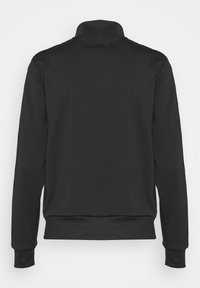 Black sweatshirt with a high collar, long sleeves, ribbed cuffs, and hem, featuring a smooth texture and no additional patterns or details.